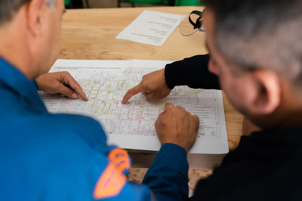 Equipo revisando un plano técnico