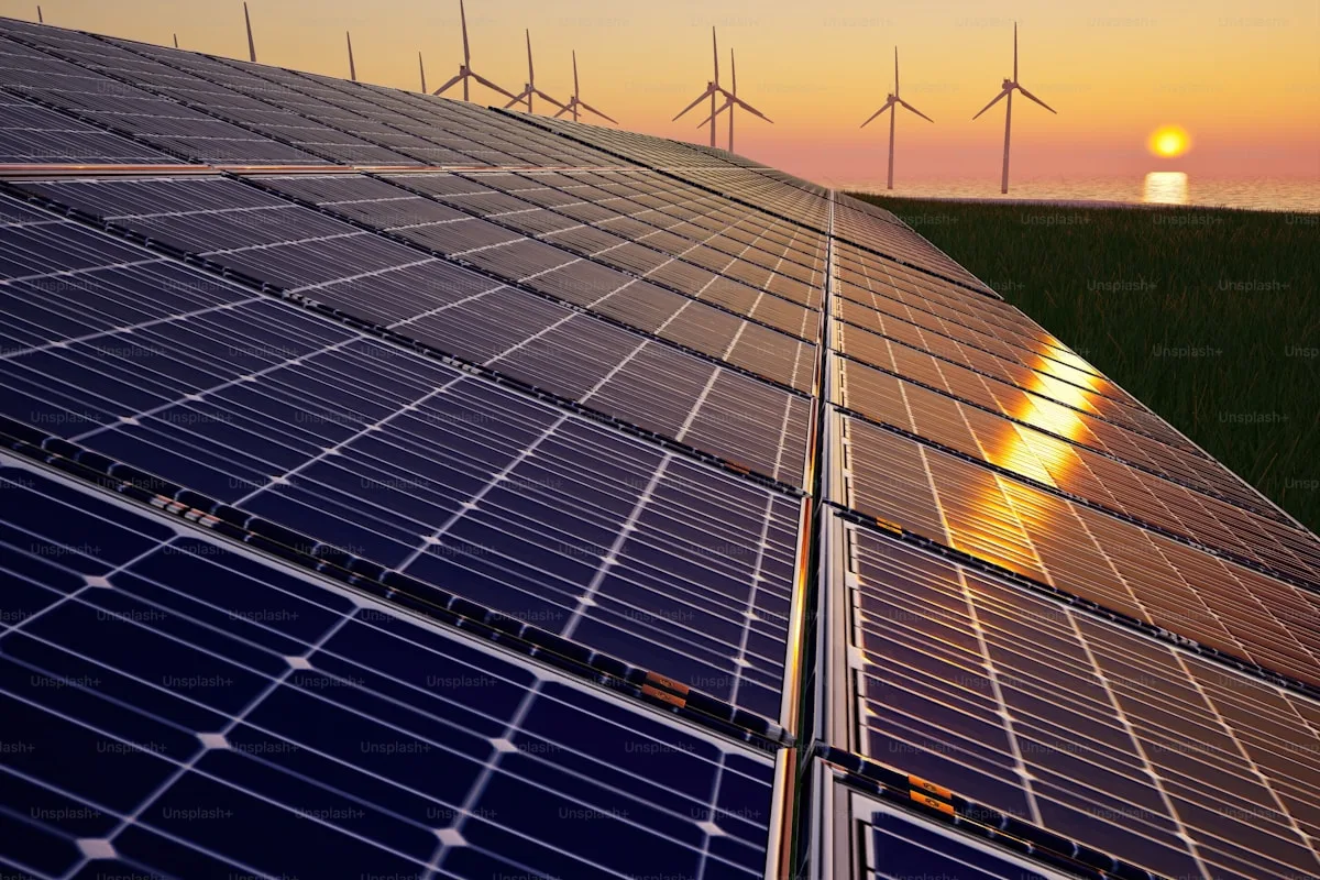 Paneles solares y turbinas de energía renovable
